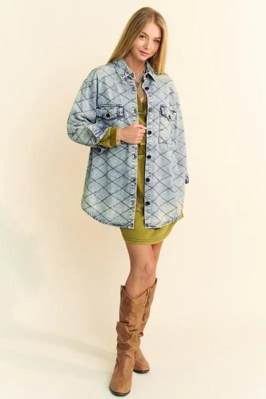 Davi & Dani Curved Hem Diamond Quilted Button Up Denim Shacket - Love Salve